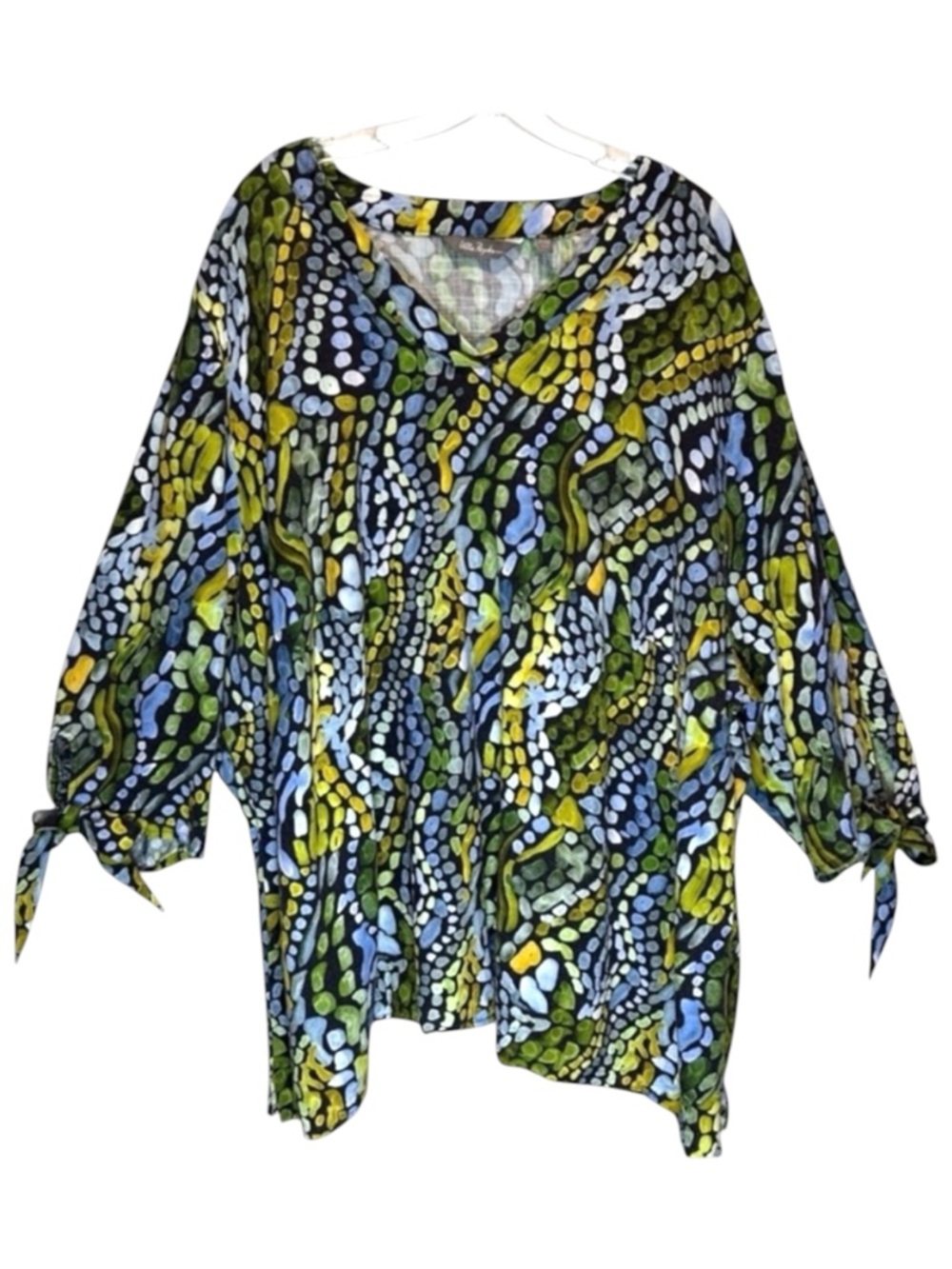 Ulla Popken Blue & Green Abstract Linen Blend V-Neck Relaxed Fit Tunic - Size 24